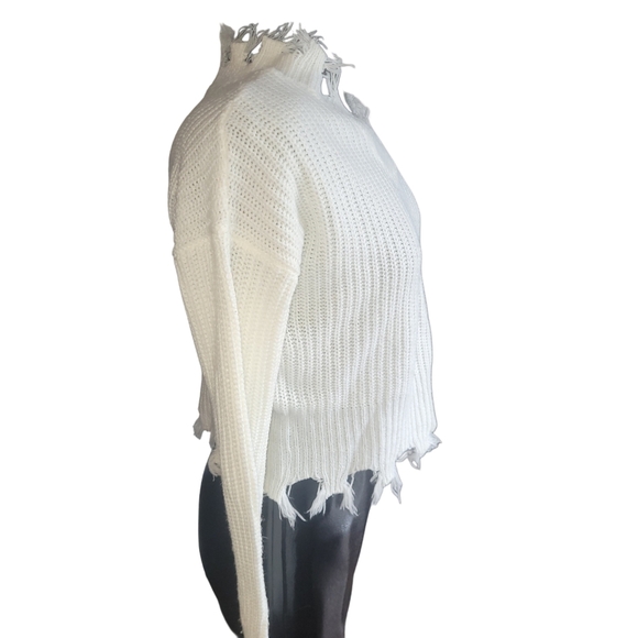 Streetwear Society Distressed White Knit Sweater with Fringed Ends S - Picture 4 of 7